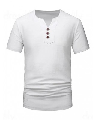 Plain Color T Shirt V Notched Mock Button Round Neck Short Sleeve Casual Tee