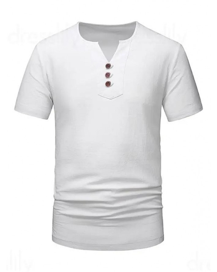 Plain Color T Shirt V Notched Mock Button Round Neck Short Sleeve Casual Tee