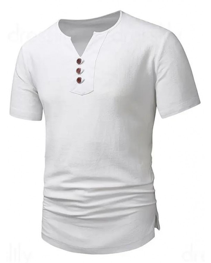 Plain Color T Shirt V Notched Mock Button Round Neck Short Sleeve Casual Tee
