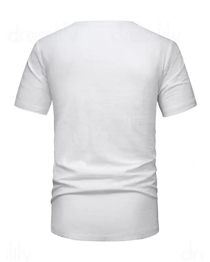 Plain Color T Shirt V Notched Mock Button Round Neck Short Sleeve Casual Tee