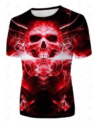 Skull Fire Print T Shirt Round Neck Short Sleeve Casual Tee