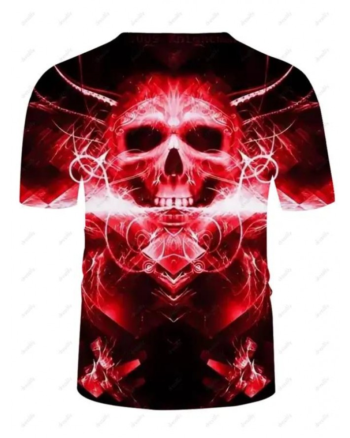 Skull Fire Print T Shirt Round Neck Short Sleeve Casual Tee