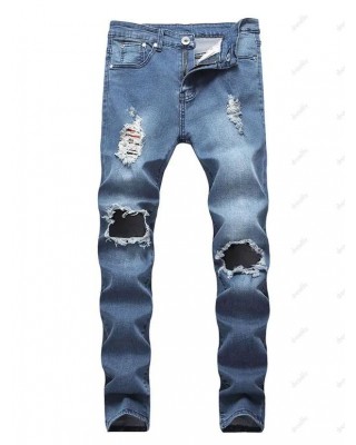 Distressed Ripped Jeans Zip Fly Long Straight Destroy Wash Casual Denim Pants