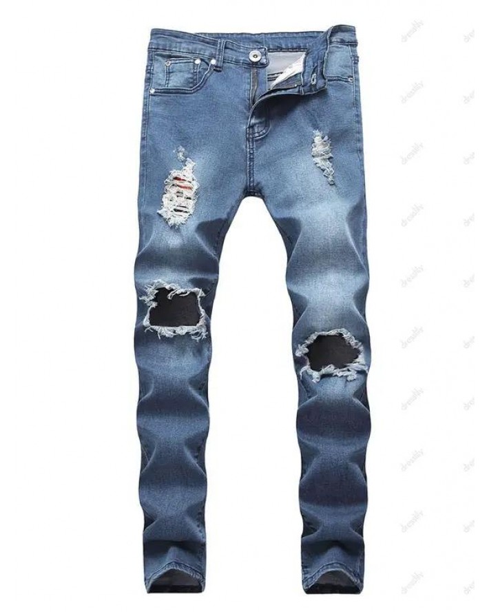 Distressed Ripped Jeans Zip Fly Long Straight Destroy Wash Casual Denim Pants
