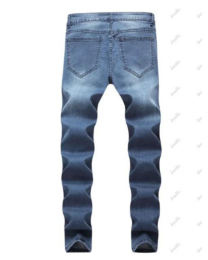 Distressed Ripped Jeans Zip Fly Long Straight Destroy Wash Casual Denim Pants