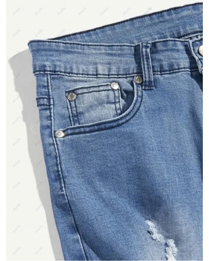 Distressed Ripped Jeans Zip Fly Long Straight Destroy Wash Casual Denim Pants