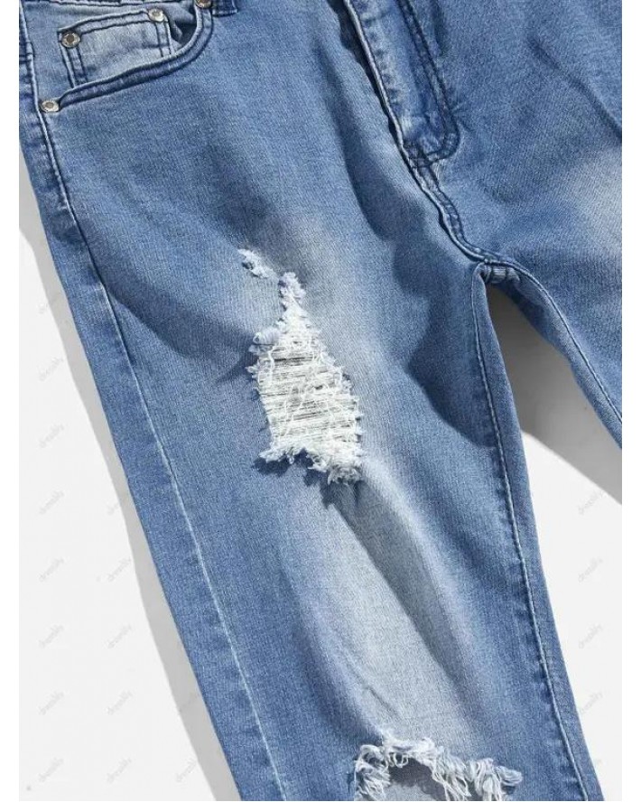 Distressed Ripped Jeans Zip Fly Long Straight Destroy Wash Casual Denim Pants
