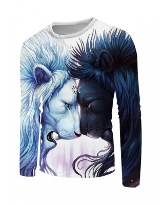 Two Tone Lion 3D Print T-shirt Long Sleeve Round Neck Casual Tee