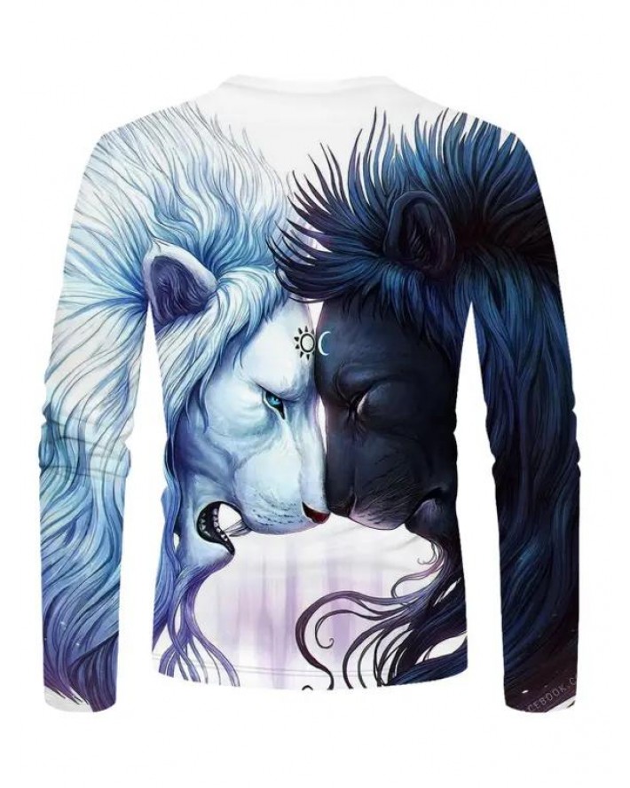 Two Tone Lion 3D Print T-shirt Long Sleeve Round Neck Casual Tee
