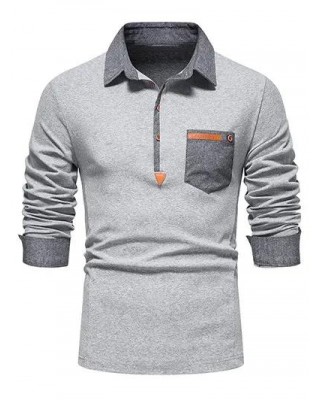 Casual T Shirt Contrast Colorblock Front Pockets Half Button Turn Down Collar Long Sleeve Tee
