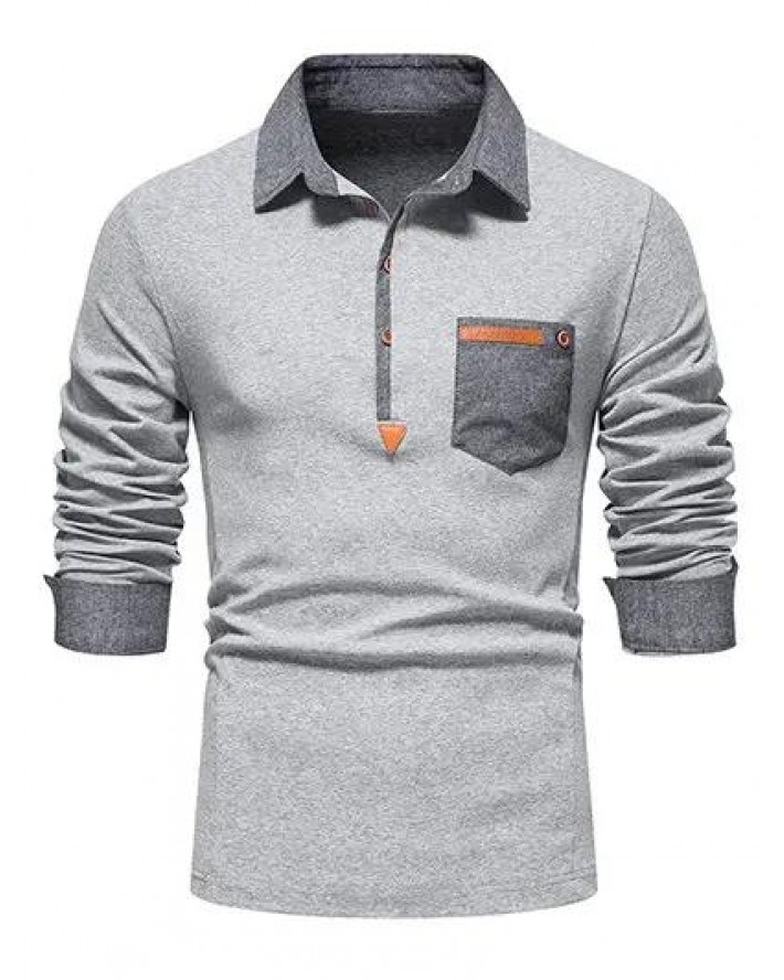 Casual T Shirt Contrast Colorblock Front Pockets Half Button Turn Down Collar Long Sleeve Tee