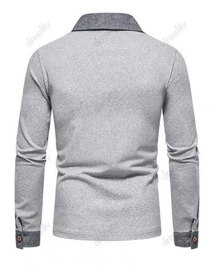 Casual T Shirt Contrast Colorblock Front Pockets Half Button Turn Down Collar Long Sleeve Tee