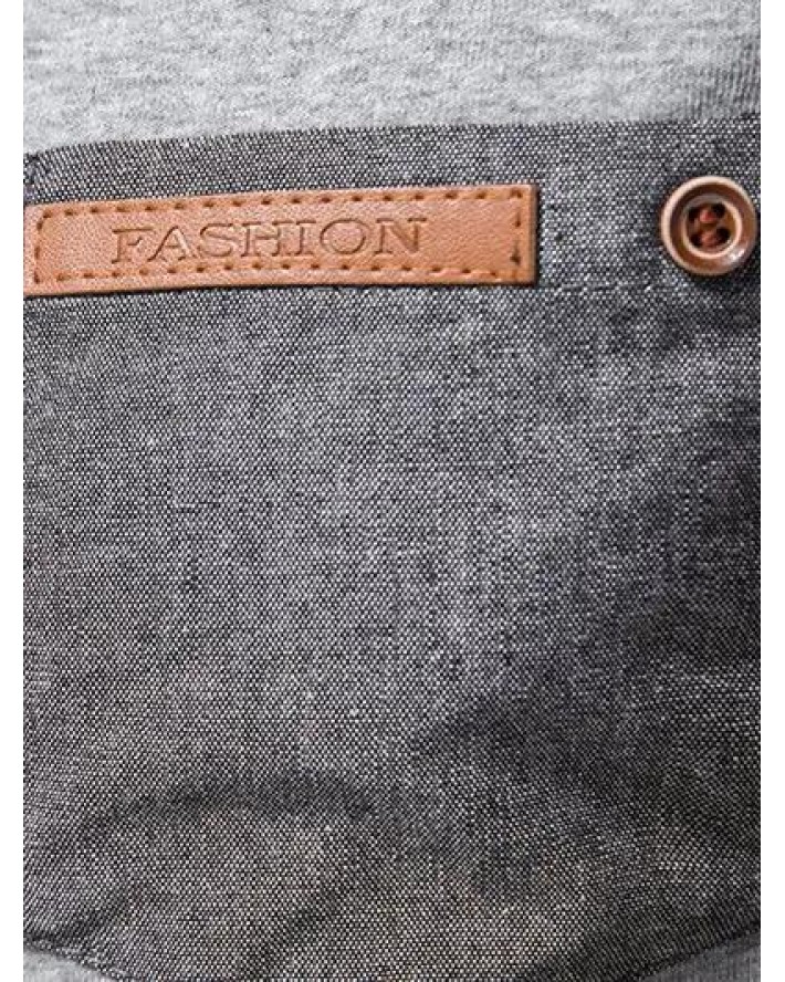 Casual T Shirt Contrast Colorblock Front Pockets Half Button Turn Down Collar Long Sleeve Tee