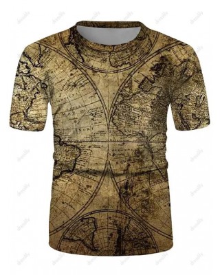Allover Map Print Casual T Shirt Short Sleeve Round Neck Summer Tee
