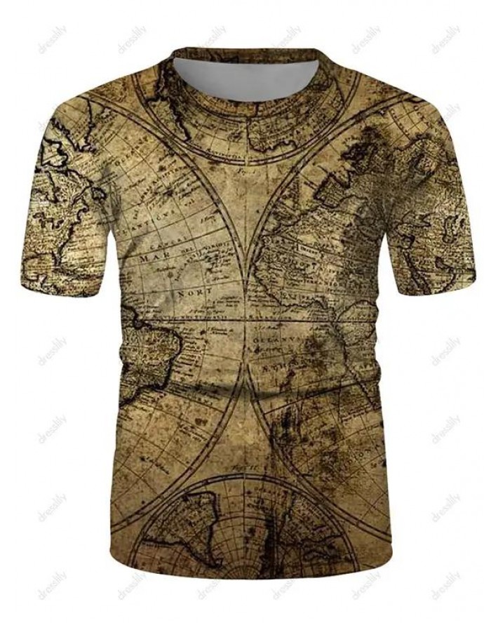 Allover Map Print Casual T Shirt Short Sleeve Round Neck Summer Tee