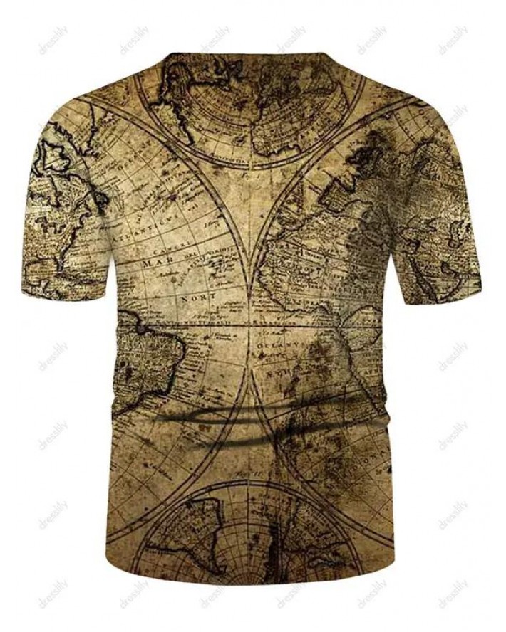 Allover Map Print Casual T Shirt Short Sleeve Round Neck Summer Tee