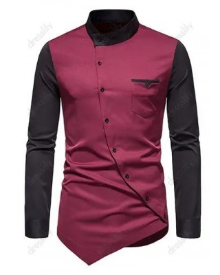Casual Shirt Colorblock Front Pocket Stand Collar Asymmetrical Hem Oblique Button Closure Long Sleeve Shirt
