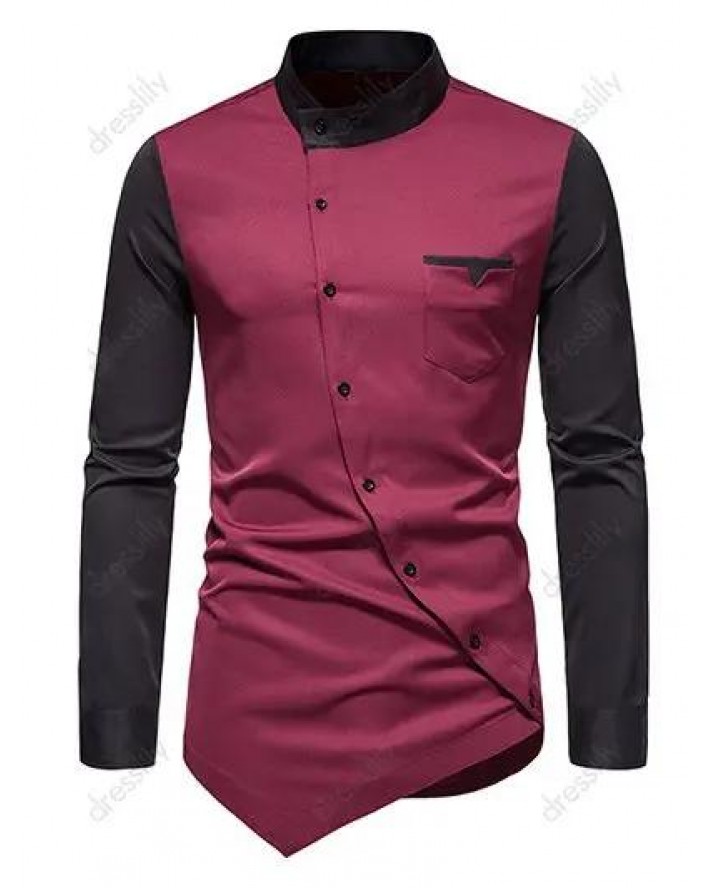 Casual Shirt Colorblock Front Pocket Stand Collar Asymmetrical Hem Oblique Button Closure Long Sleeve Shirt