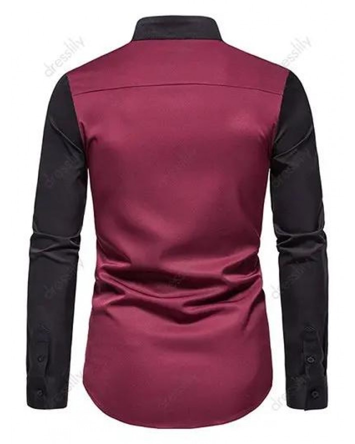 Casual Shirt Colorblock Front Pocket Stand Collar Asymmetrical Hem Oblique Button Closure Long Sleeve Shirt
