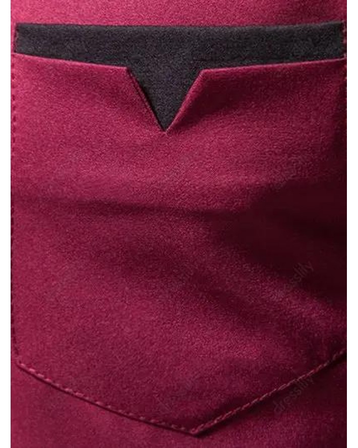 Casual Shirt Colorblock Front Pocket Stand Collar Asymmetrical Hem Oblique Button Closure Long Sleeve Shirt