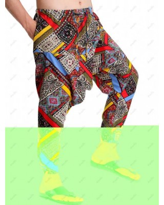 Ethnic African Print Harem Pants Bohemian Elastic Waist Beam Feet Pockets Pants