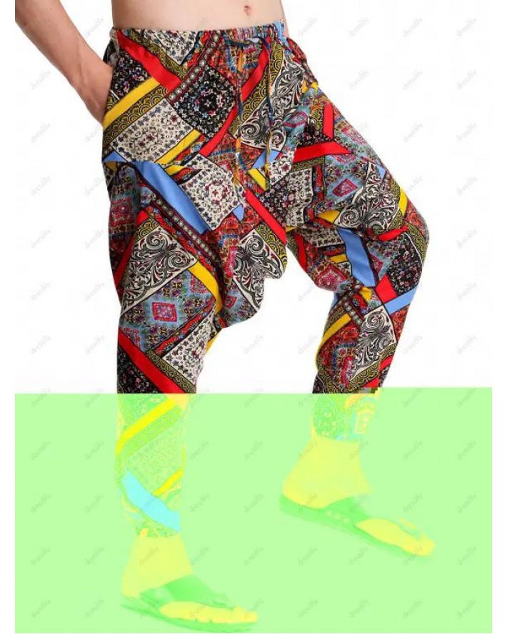 Ethnic African Print Harem Pants Bohemian Elastic Waist Beam Feet Pockets Pants