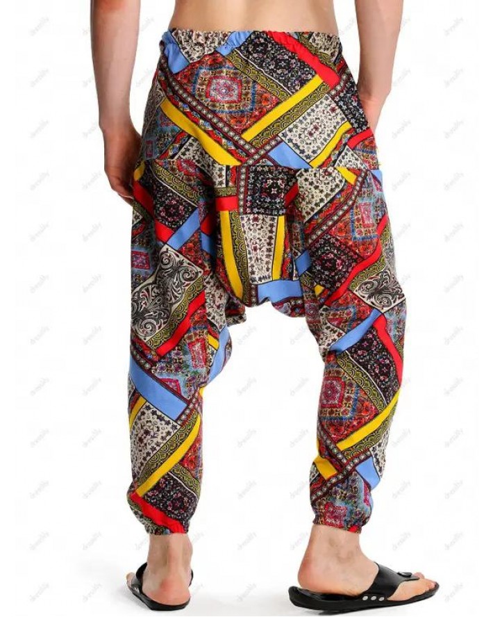 Ethnic African Print Harem Pants Bohemian Elastic Waist Beam Feet Pockets Pants