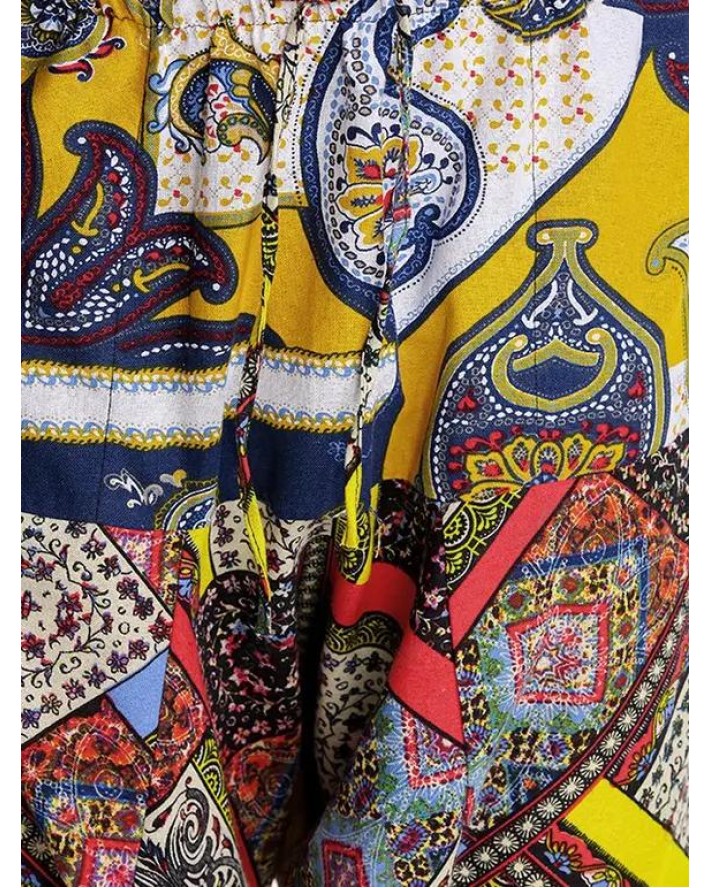 Ethnic African Print Harem Pants Bohemian Elastic Waist Beam Feet Pockets Pants