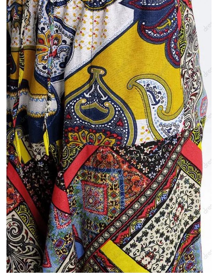 Ethnic African Print Harem Pants Bohemian Elastic Waist Beam Feet Pockets Pants