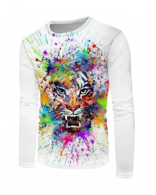 Tiger Colorful Painting Print T-shirt Long Sleeve Casual Round Neck Tee
