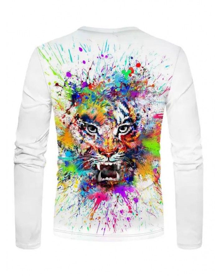Tiger Colorful Painting Print T-shirt Long Sleeve Casual Round Neck Tee