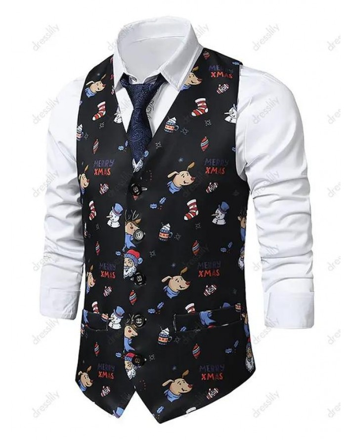 Christmas Santa Claus Snowman Animal Print Single Breasted Waistcoat