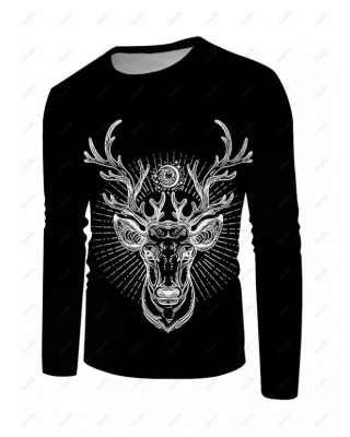 Elk Print T Shirt Animal Round Neck Long Sleeve Casual Tee