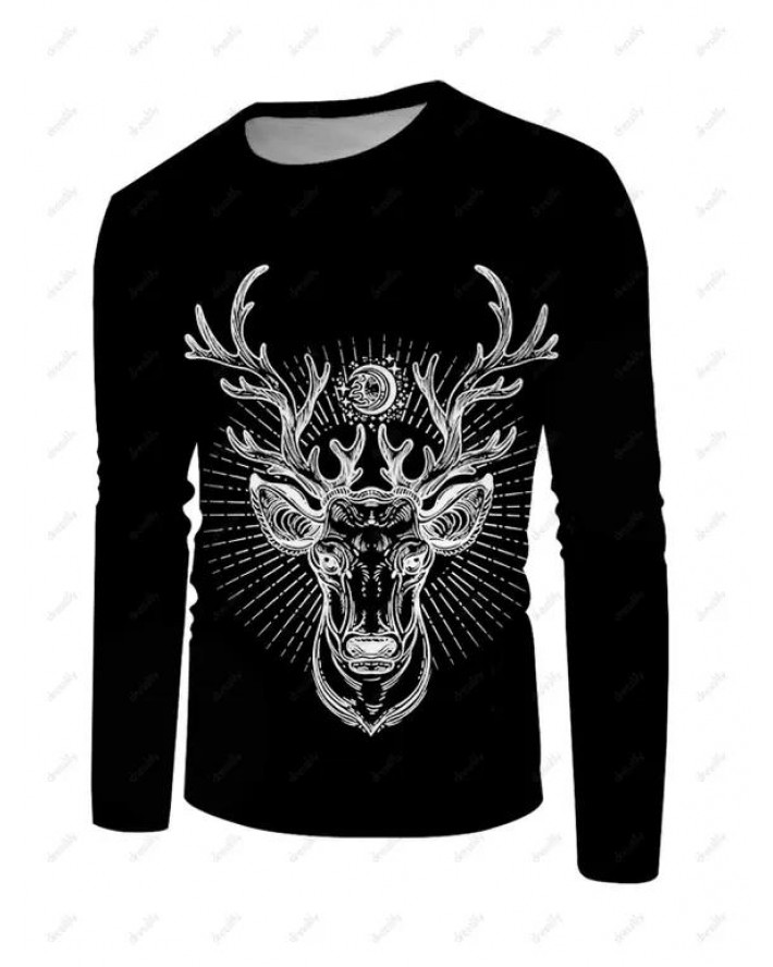 Elk Print T Shirt Animal Round Neck Long Sleeve Casual Tee