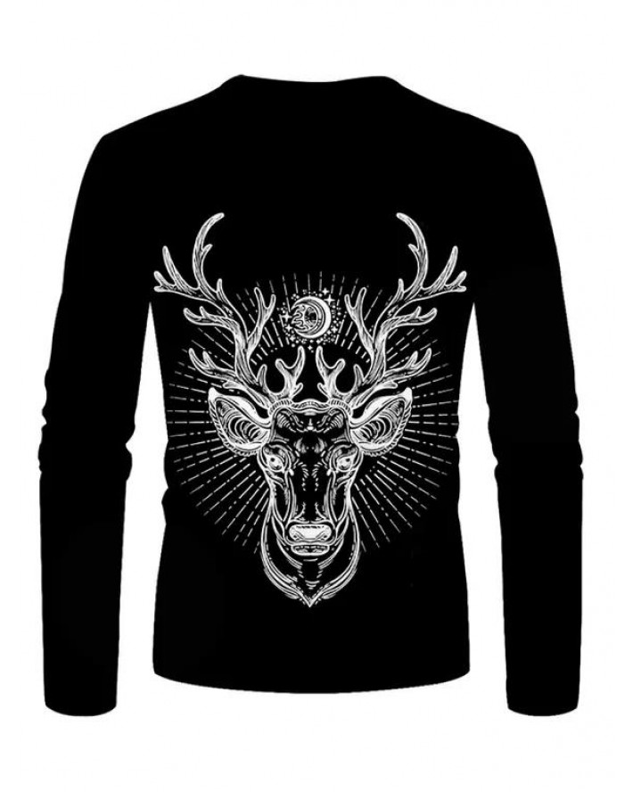 Elk Print T Shirt Animal Round Neck Long Sleeve Casual Tee