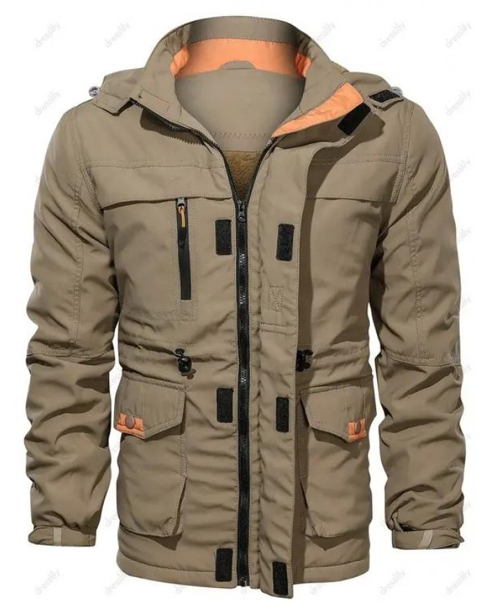 Hooded Hook and Loop Toggle Drawstring Fleece Jacket