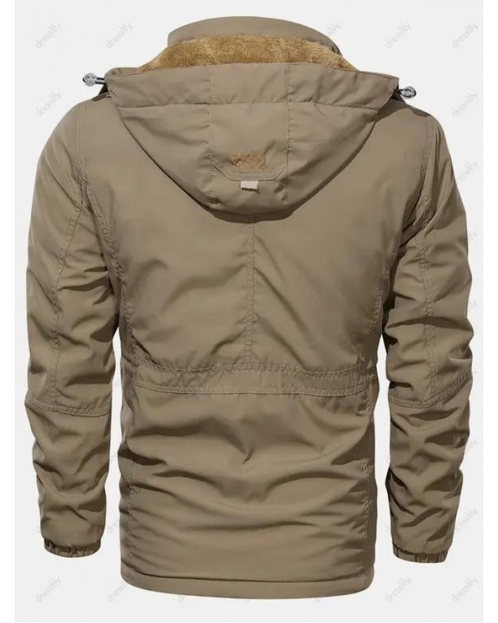 Hooded Hook and Loop Toggle Drawstring Fleece Jacket