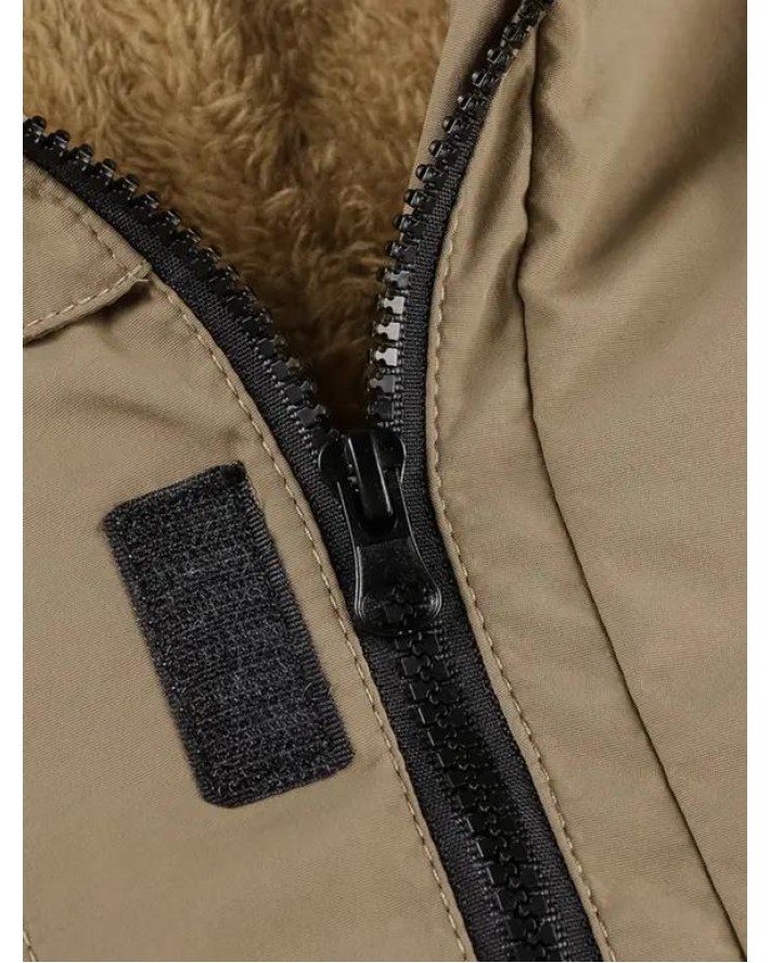 Hooded Hook and Loop Toggle Drawstring Fleece Jacket