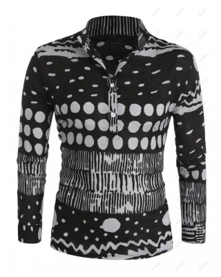 Casual Shirt Wavy Geometric Printed Long Sleeve Stand Collar Half Button Trendy Shirt