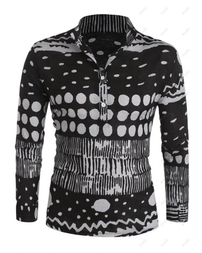 Casual Shirt Wavy Geometric Printed Long Sleeve Stand Collar Half Button Trendy Shirt