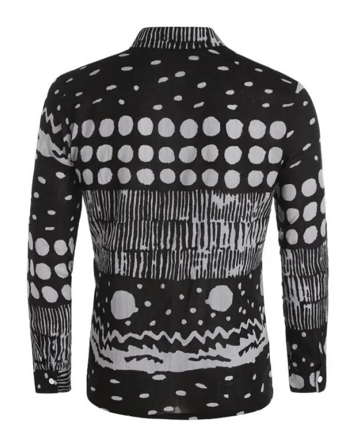 Casual Shirt Wavy Geometric Printed Long Sleeve Stand Collar Half Button Trendy Shirt