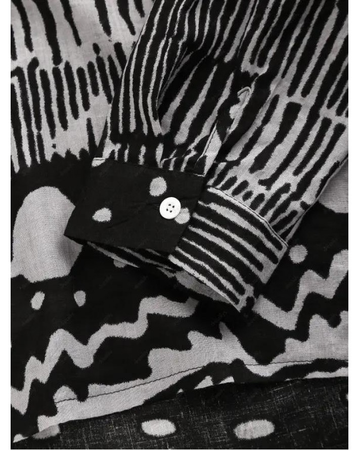 Casual Shirt Wavy Geometric Printed Long Sleeve Stand Collar Half Button Trendy Shirt