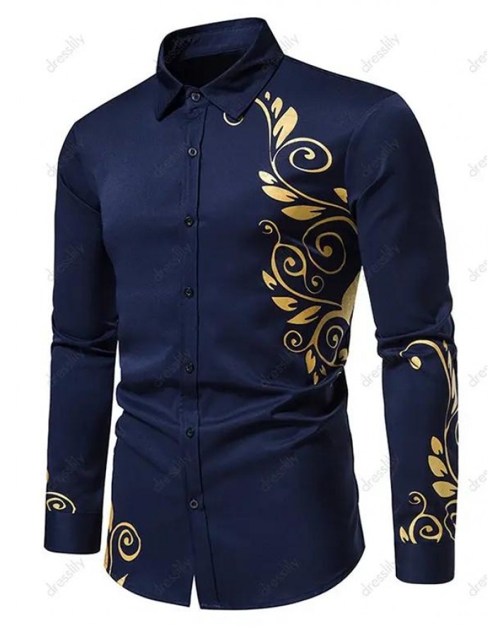 Contrast Flower Totem Print Shirt Turn Down Collar Button Down Long Sleeve Casual Shirt