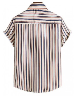 Casual Shirt Vertical Striped Print Curved Hem Turn Down Collar Short Sleeve Summer Shirt