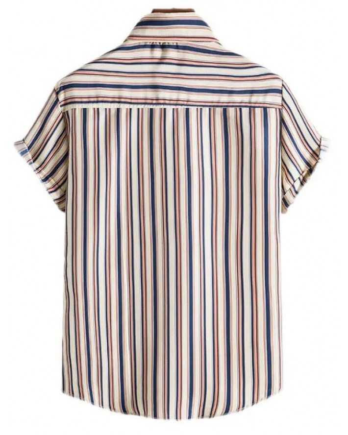 Casual Shirt Vertical Striped Print Curved Hem Turn Down Collar Short Sleeve Summer Shirt