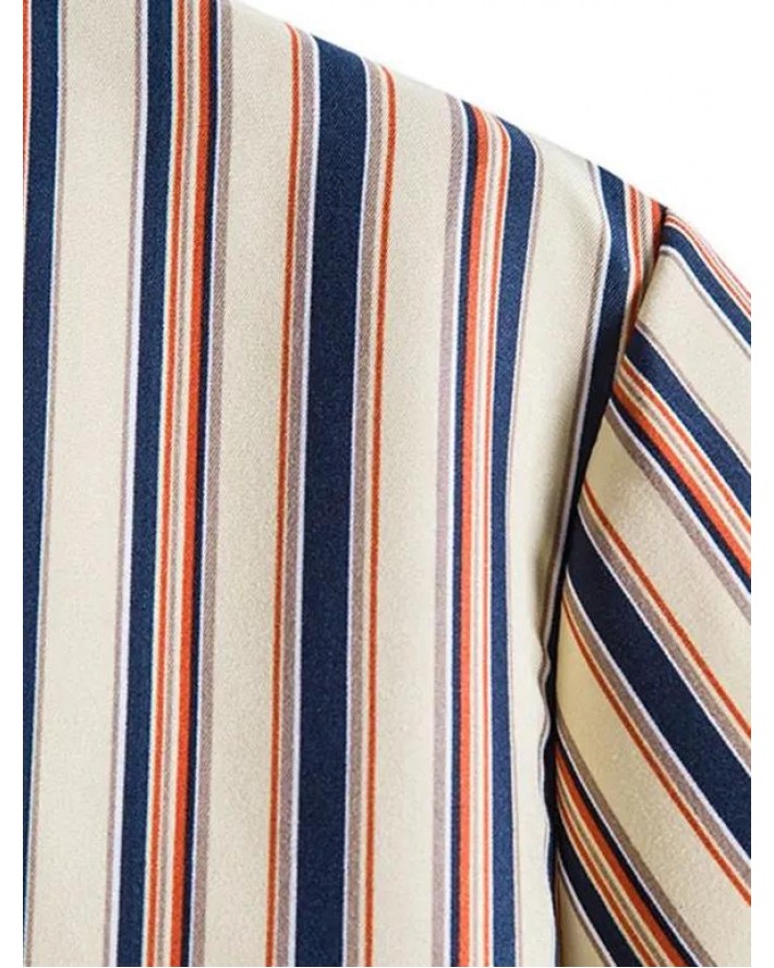Casual Shirt Vertical Striped Print Curved Hem Turn Down Collar Short Sleeve Summer Shirt