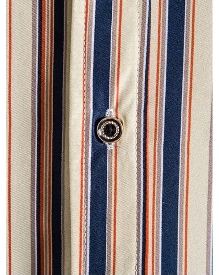 Casual Shirt Vertical Striped Print Curved Hem Turn Down Collar Short Sleeve Summer Shirt
