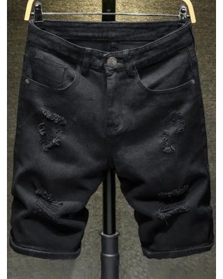 Casual Demin Shorts Washed Zipper Fly Pockets Ripped Details Summer Shorts