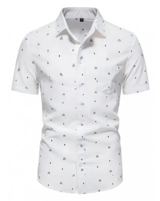 Summer Shirt Geometric Print Short Sleeve Turn Down Collar Button Up Pockets Casual Shirt