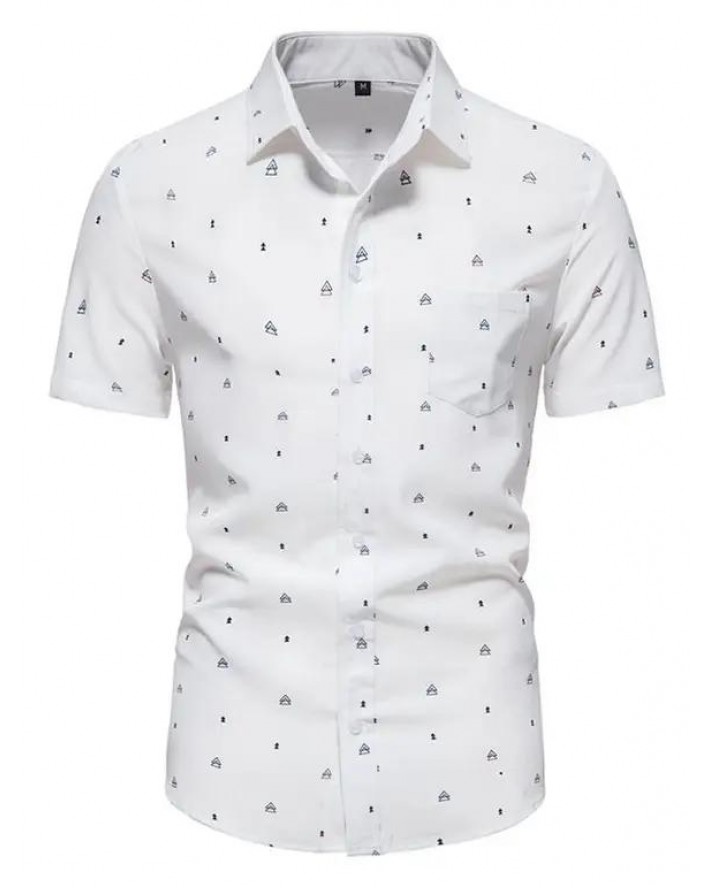 Summer Shirt Geometric Print Short Sleeve Turn Down Collar Button Up Pockets Casual Shirt